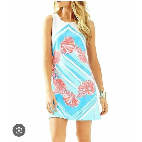Lilly Pulitzer Callie Pool Blue lt For The Shell Of It Engineered Shift Dress L - Picture 1 of 7